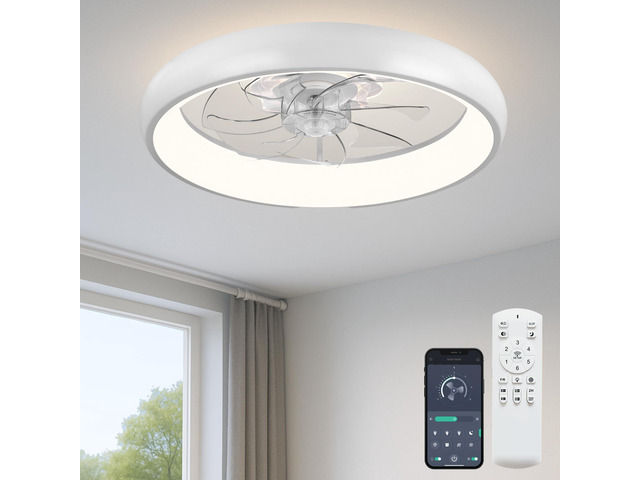 20'' Ceiling Fan with Light and Remote,White Low profile Fandelier 3-Color Night Light, 3000-6500K Dimmable LED, Flush Mount, Remote & App, 6...