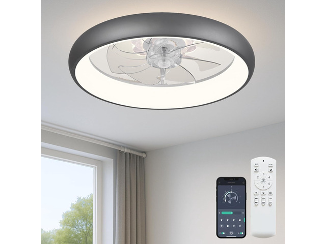 20'' Ceiling Fan with Light and Remote,Grey Low profile Fandelier 3-Color Night Light, 3000-6500K Dimmable LED, Flush Mount, Remote & App, 6 Speeds...