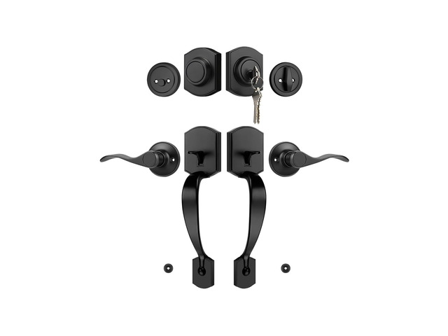 Matte Black Double Front Door Handleset with Deadbolt Upgraded Entry Door Handle Featuring Accent Wave Lever, Keyed & Dummy Exterior Handleset...