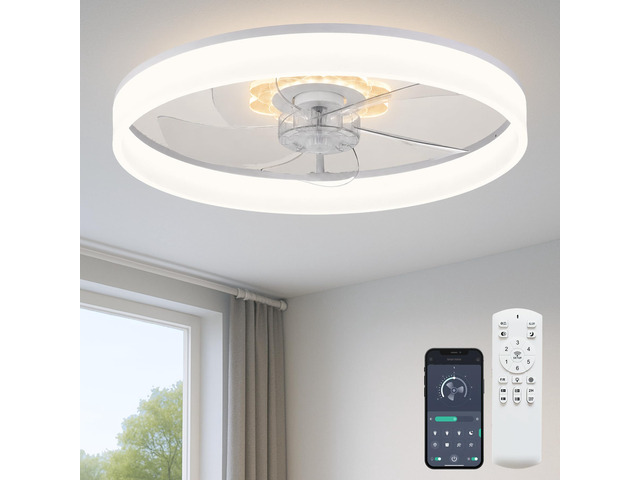 20'' Ceiling Fan with Light and Remote,White Low profile Fandelier 3-Color Night Light, 3000-6500K Dimmable LED, Flush Mount, Remote & App, 6...