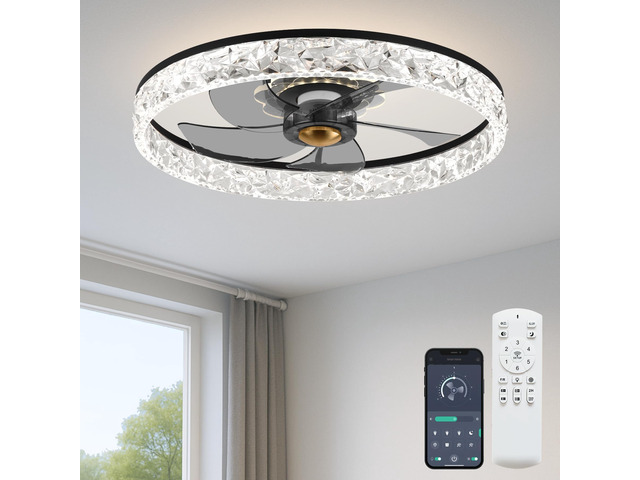 20'' Ceiling Fan with Light and Remote,Balck Low profile Fandelier 3-Color Night Light, 3000-6500K Dimmable LED, Flush Mount, Remote & App, 6...