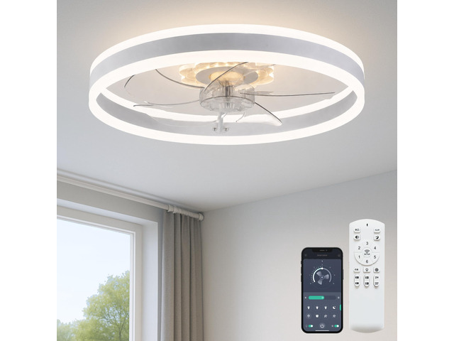 20'' Ceiling Fan with Light and Remote, Low Profile Ceiling Fan with Light, Dimmable Flush Mount Ceiling Fan Light, 6 Speeds Fan, App & Remote...