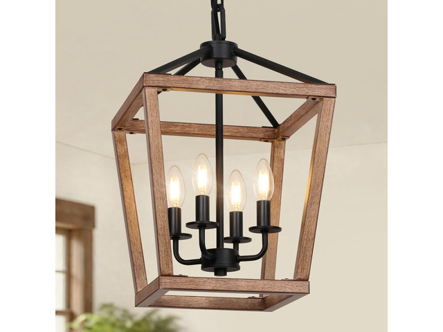 4 Light Farmhouse Chandelier, Lantern Ceiling Light Fixture with Brushed Rustic Wood Metal Cage and Adjustable Chain, E12 Base Geometric Hanging...