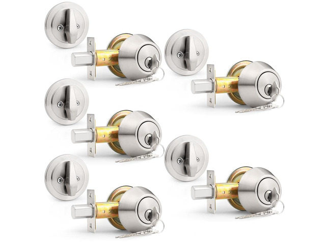 (5 Pack Brushed Nickel Keyed Alike Single Cylinder Deadbolts (Combo Packs), Keyway Keys Handleset, 3 Keys Anti-Theft Interior& Exterior Door...
