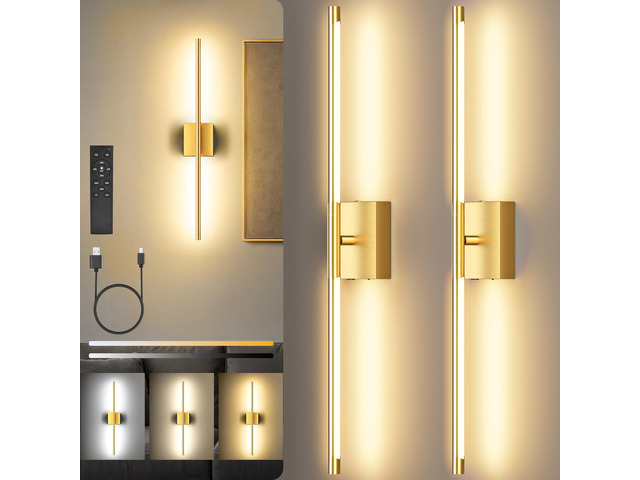 10000mAh Battery Operated Wall Sconces Set of 2, Gold-29Inch 3CCT, Renter Friendly, Rechargeable, Remote, 360° Rotate, Dimmable, Cordless Wall...