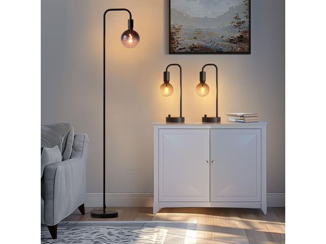 Industrial Lamp Set 3 Piece-1 Floor Lamp and 2 Dimmable Table Lamp- 3 Pack Modern Matching Floor and Table Lamp with Gradient Black Globe Bulb for...