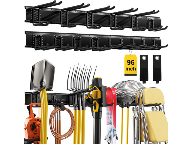 96' Garage Tool Organizer Wall Mount, 1250lbs Heavy Duty Garden Tool Storage Rack with 15 Adjustable Hooks for Yard, Shed, Garage (6 Racks, 15...