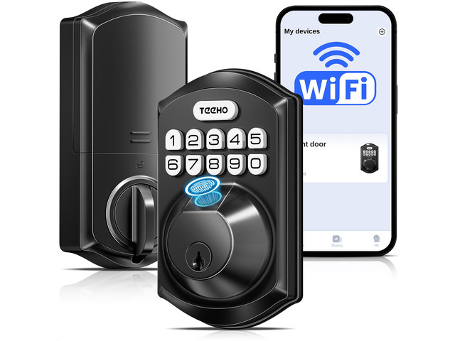 TE012W WiFi Fingerprint Smart Door Lock for Front Door, Matte Black App Remote Unlock, Fast Fingerprint, ANSI Grade 3 Security, IP55 Waterproof,...