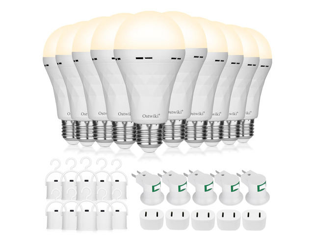Emergency Rechargeable Light Bulbs 10 Pack A21 3000K Warm 9W E26 E27 Battery Powered Bulb Auto-On During Power Outage, Hurricane Camping,with...
