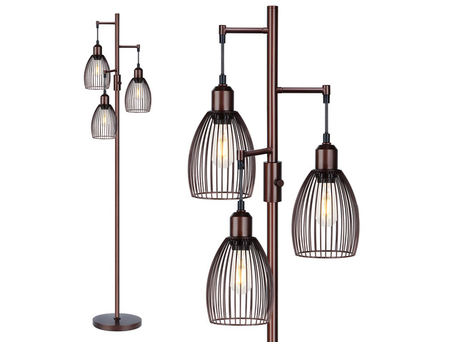 Dimmable Floor Lamp, Industrial Floor Lamps for Living Room, Brown Tree Lamp Standing Lamp Tall Lamps with 3 Elegant Teardrop Cage Head & 800...
