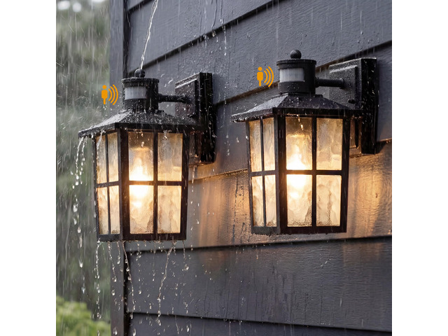 Black Outdoor Motion Sensor Modern Patio Wall Light Fixtures Set of 2 E26 Socket Waterproof Lanterns & Sconce with Tempered Glass, Modern Wall...