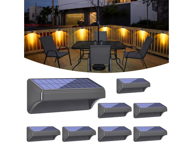 Solar Fence Lights - Outdoor Waterproof Warm White & Daylight White LED Solar Lights for Backyard, Deck, Stair Handrail and Wall (8 Packs, Plus Size)