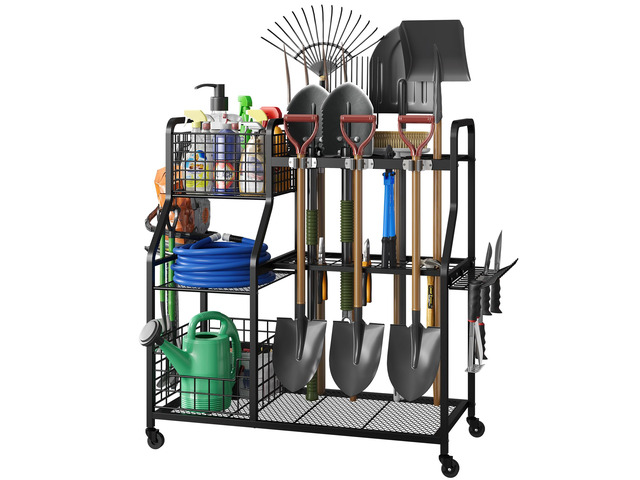 Garden Tool Holder Organizer with Heavy Duty Wheels for Garage 3 Tier Yard Tool Holder with 35 Long-Handled Tool Slots, Heavy Duty Garden Tool Rack...