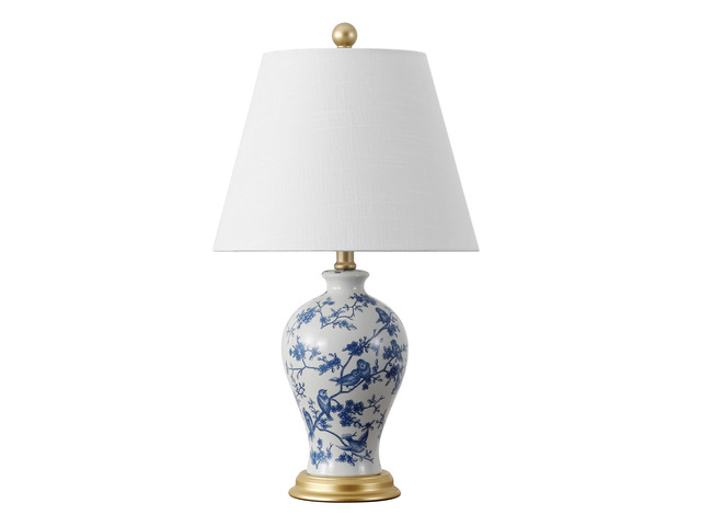 Grace 24' French Country Floral Urn Ceramic Lamp, Blue/White Chinoiserie Ginger Jar, French Country Cottage Style, Linen Shade, Gold Metal Base,...