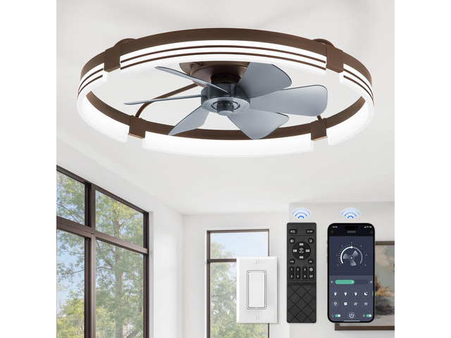 Low Profile Ceiling Fans with Lights and Remote, 24' Brown 3000K-6000K Dimmable Fandelier LED, Flush Mount, 6 Wind Speeds, Reversible, Timer,...