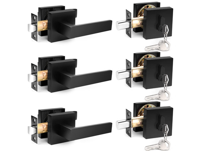 Flat Black Passage Door Lever with Single Cylinder Deadbolts Combo Pack, Modern Square Lock Set Handleset,Exterior Door Handle and Deadbolts...