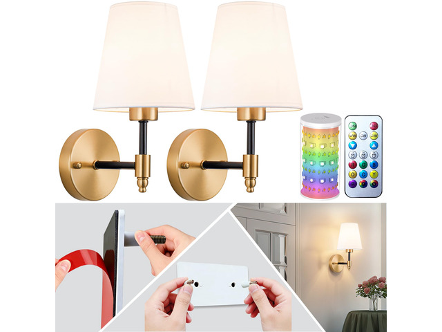 Peel and Stick Wall Sconces, Stick On Wall Sconce Set of 2, Battery Operated Wireless Adhesive Wall Lights, Corn Bulb with 10000mAh Battery, Easy...