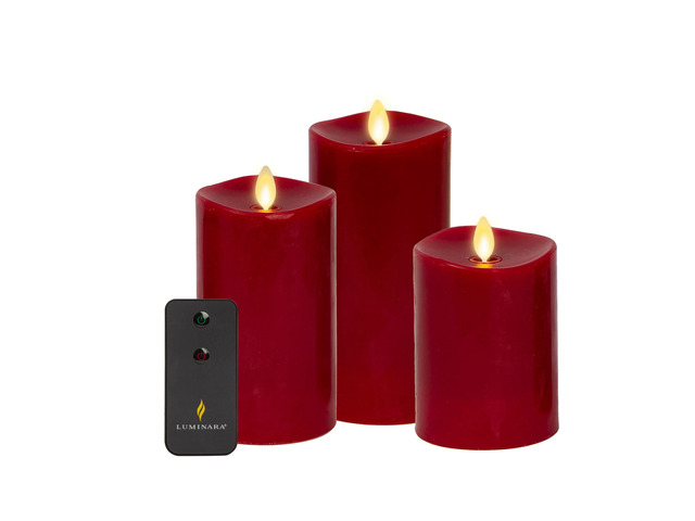 Flameless Flickering Melted Edge Set of 3 Candles, Battery Operated & Timer Function, Remote Included, Unscented Paraffin Burgundy Wax LED Light...