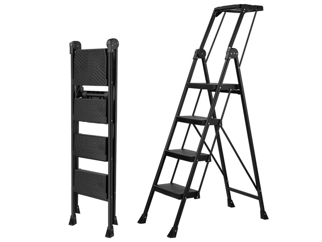 4 Step Ladder, Heavy Duty Steel with Foldable Handrail & Tool Tray 660lbs Capacity Wide Anti-Slip Pedals 3.74' Compact Storage For Home, Kitchen,...