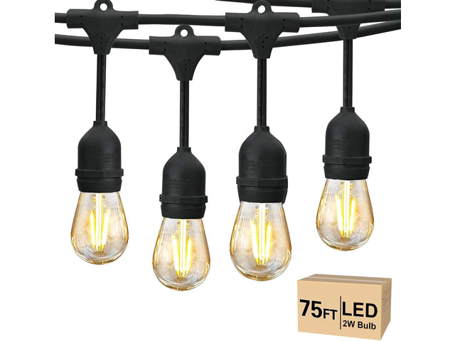 75 FT Outdoor String Lights 2W S14 LED Commercial Grade Waterproof Patio Light for Outside, Antique Edison Bulbs, IP65 Hanging Bistro Cafe Market...