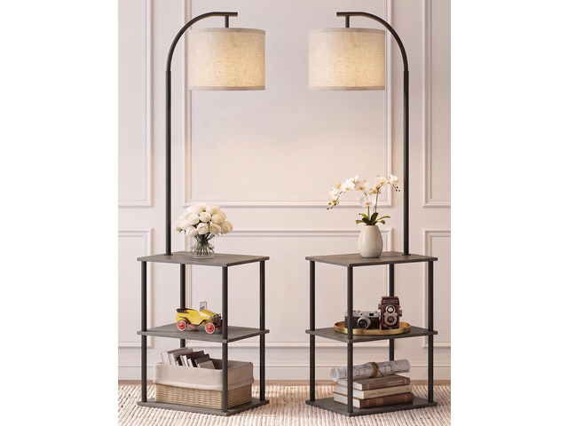 Floor Lamp with Table 2-Pack, Nightstands End Side Table for Living Room Set of 2, Small Narrow Coffee Table with Lamp, Standing Lamp with Storage...