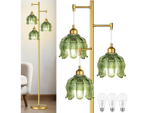 Vintage Floor Lamps for Living Room Bedroom-3 Light Gold Floor Lamp with Glass Lampshape, Flower Green Tall Lamp Mid Century Modern Standing Lamp...