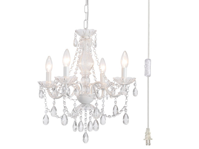 Plug in Crystal Ceramic White Chandelier, Glass Chandeliers,White crystal Hanging Pendant Light with Clear Cord and On/Off, 4 Light Crystal...