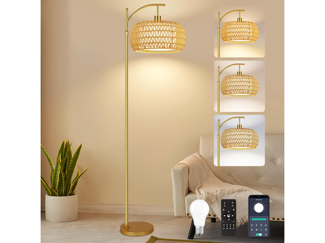 Gold Floor Lamps for Living Room Rattan Boho Floor Lamp with Remote Control & 3 Color Temperature,Dimmable Arc Floor Lamps Brass Standing Lamp Tall...