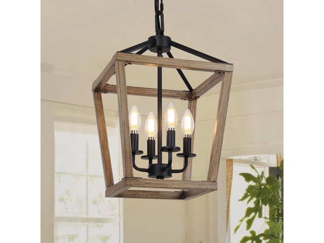 4 Light Farmhouse Chandelier, Rustic Ceiling Light Lantern Light Fixture with Wood Painted Metal Cage and Adjustable Chain, E12 Base Geometric...