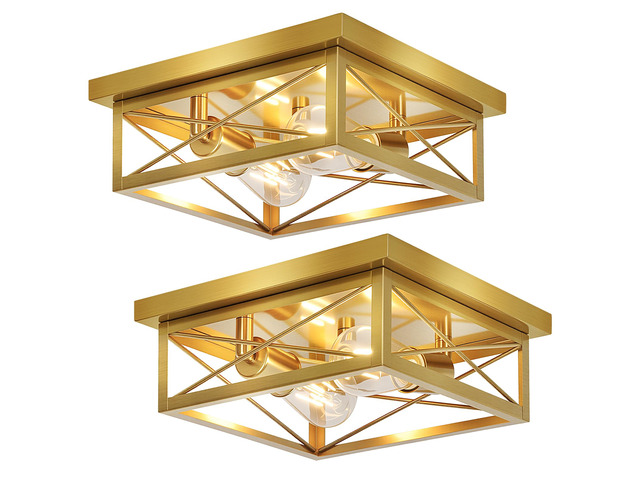 Gold Hallway Light Fixtures Ceiling, 2-Light Farmhouse Vintage Flush Mount Ceiling Lights, 2-Pack Brass Metal Kitchen Light Fixtures, Close to...