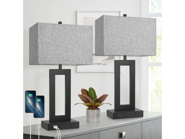 22' Table Lamp Set of 2 with 2 USB Ports, Modern Nightstand Lamp 3 Way Dimmable, Touch Control, Grey Fabric Shade, E26 Base, Desk Lamp for Living...