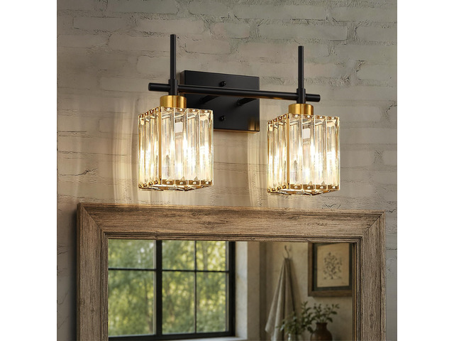 Modern Crystal Bathroom Vanity Light 2-Lights Gold Bathroom Light Fixtures Over Mirror Black and Gold Vanity Lighting Fixtures Gold Square Shade...