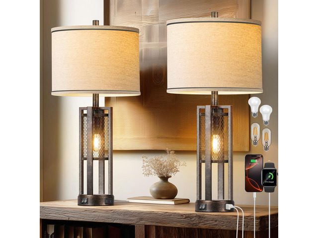 28'' Farmhouse Industrial Table Lamp Set of 2 - Rustic Bedside Nightstand Lamps with Dual USB A+C Ports, Bronze Metal Mesh Nightlight Desk Lamps...