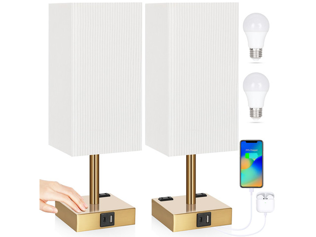 Set of 2 Bedside Table Lamp 3 Way Dimmable Nightstand Lamp with USB C & USB A Charging Port, 2 AC Outlets, 3000K LED Bulbs (Pleate)