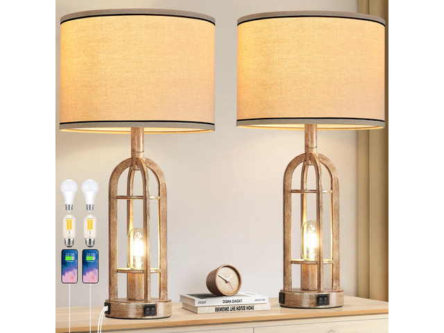 Farmhouse Table Lamps for Living Room End Table Set of 2 - Rustic Bedside Lamps for Bedroom Nightstand with Night Light & USB A+C, Bulbs Included