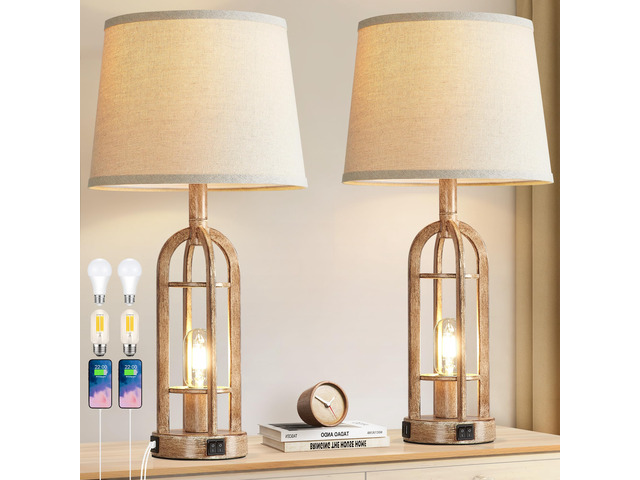 Table Lamps for Living Room End Table Set of 2 - Rustic Farmhouse Bedside Lamps for Bedroom Nightstand with Nightlight and USB A+C, 4 Bulbs Included