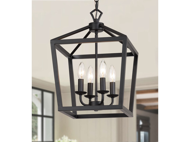 Farmhouse Rustic Black Lantern Chandelier Hanging Light Fixture 4-Lights for Kitchen Island Dining Room Hallway Entryway Foyer UL Listed