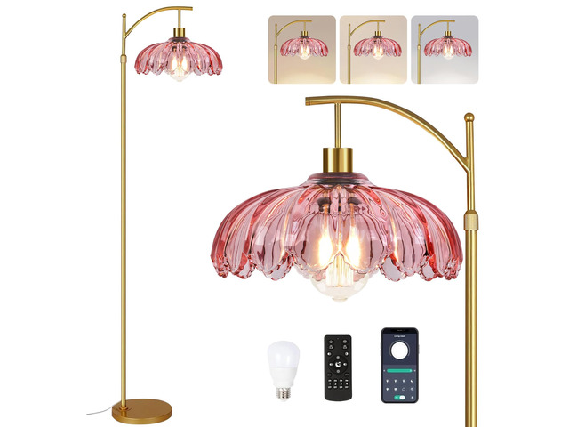 Floor Lamp for Living Room,Bedroom,Gold Dimmable Standing Lamp with Remote,Mid Century Modern Brass Tall Lamp Retro Vintage Pink Glass Lamp Floor...