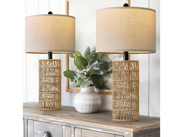 22.5' Boho Table Lamps Set of 2 for Living Room, Bedside Lamp for Nightstands, Rattan Lamp for Bedroom, Farmhouse Table Lamp for Room Decor, End...