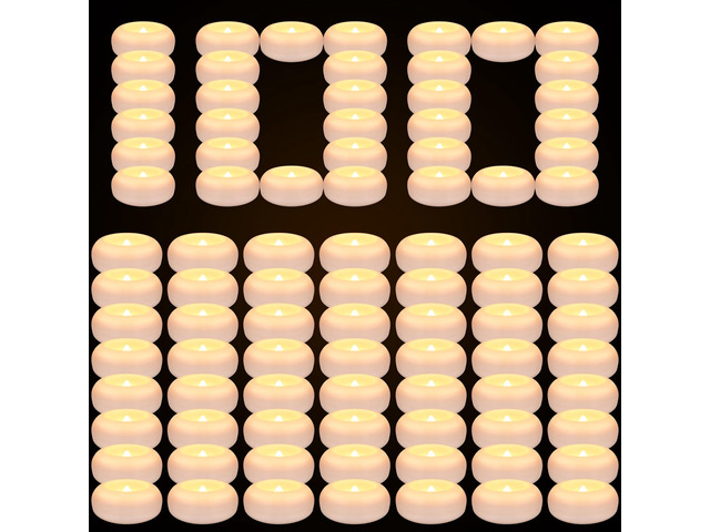100 Pack 2 Inch Flameless LED Floating Candles, Battery Operated White Tealights with Realistic Flickering Flame, Waterproof for Cylinder Vases,...