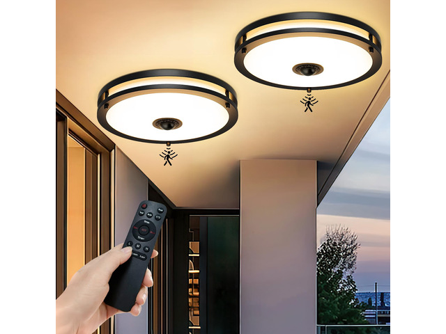 2-Pack 12' LED Motion Sensor Outdoor Ceiling Light with Remote Dusk to Dawn, 2700K/3000K/3500K/4000K/5000K Dimmable, 4 Lighting Modes, 24W Flush...