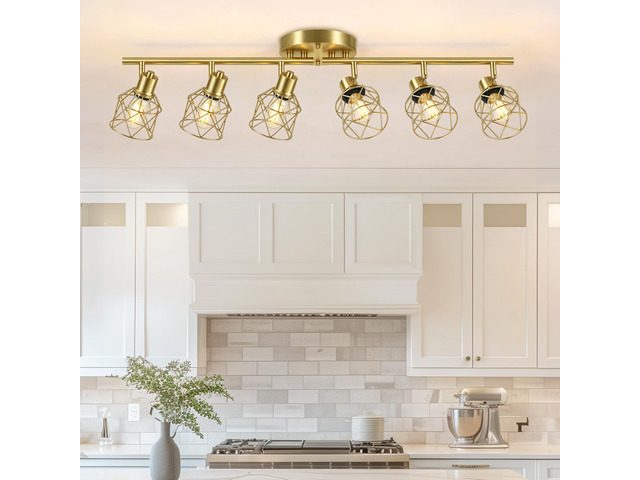 6-Lights Gold Semi Flush Mount Ceiling Light, Adjustable Multi-Directional Light Fixtures, Rotatable Farmhouse Light Fixtures with Metal Cage for...