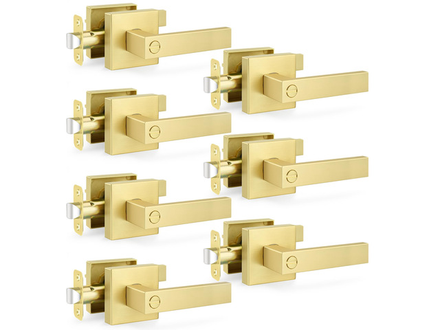 7 Pack Satin Brass Door Handles, Privacy Keyless Interior Gold Door Knobs, Heavy Duty Zinc Alloy Modern Square Door Handleset for Bedrooms...