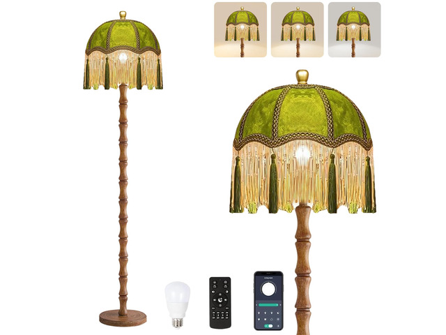 Vintage Floor Lamp for Living Room,Bedroom,Dimmable Standing Lamp with Remote,Green Mid Century Gold Tall Lamp Boho Retro Floor Light Wood Fringe...