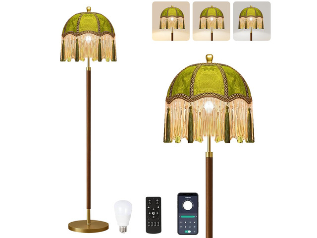 Vintage Floor Lamp for Living Room,Bedroom,Dimmable Standing Lamp with Remote,Green Mid Century Gold Tall Lamp Boho Retro Floor Light Wood Fringe...