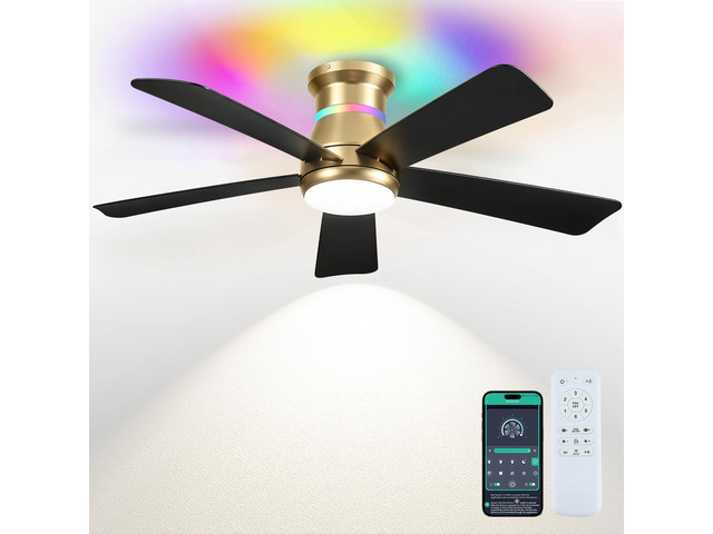 46' Ceiling Fans with RGB Lights - Flush Mount Ceiling Fan Light with LED 3CCT Dimmable, Modern Low Profile Gold Ceiling Fan with Reversible Black...