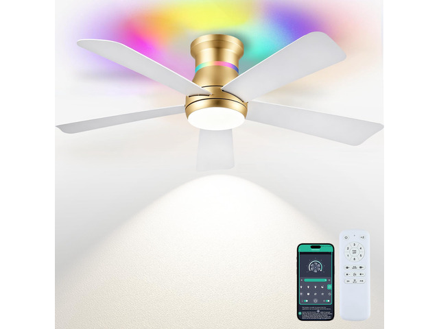46' Ceiling Fans with RGB Lights - Flush Mount Ceiling Fan Light with LED 3CCT Dimmable, Modern Low Profile Gold Ceiling Fan with Reversible White...