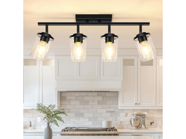 4-Lights Track Lighting Fixtures Ceiling with Clear Glass Shades, Modern Black Semi Flush Mount Ceiling Light, Rotatable Wall Mount Ceiling Lamp...