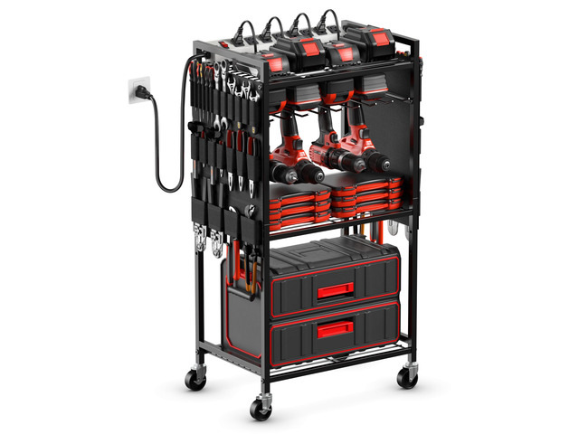 Power Tool Organizer Cart with Charging Station, 6 FT Cord, Black Floor Standing, Large Garage Rolling Storage Cart on Wheels, Heavy Duty Drill...