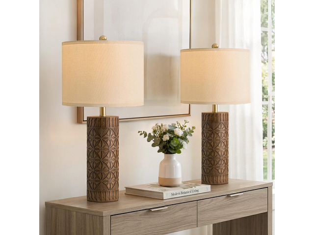 24.25' Modern Farmhouse Table Lamps Set of 2, Geometric Wood Grain Resin Bedside Lamps for Nightstand, Rustic Lamps for Living Room, Bedroom,...